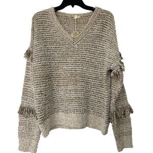 Hem&Thread Fringe V Neck Relaxed Fit Drop Shoulder Neutral Color Sweater New Med